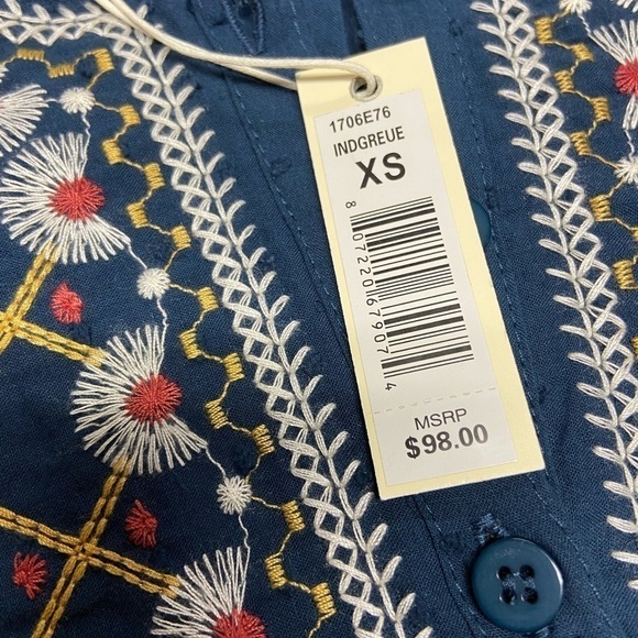 Max Studio Indigo Blue Boho Embroidered Peasant Flowy Blouse, XS - Picture 6 of 12